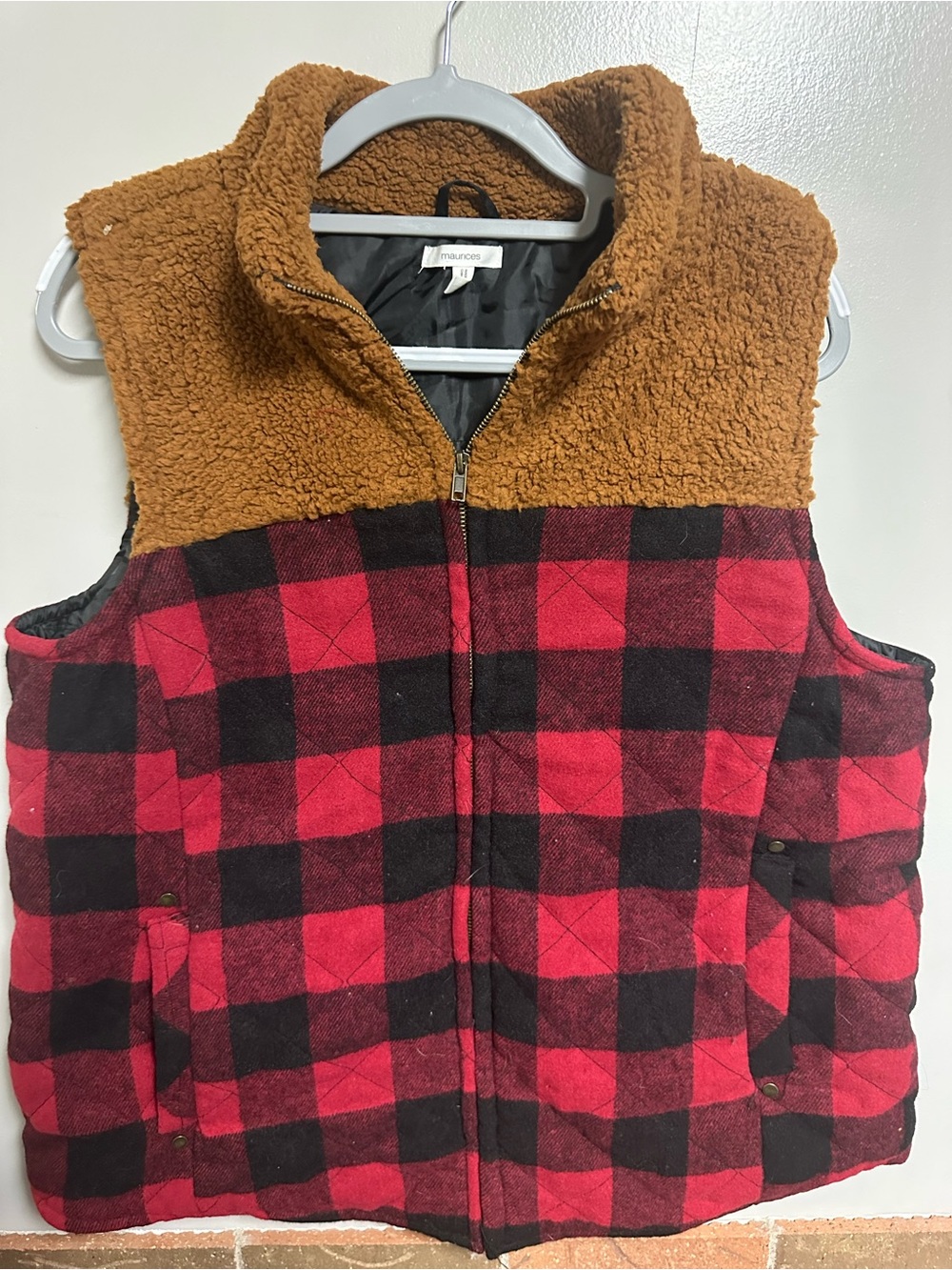 Maurices Brown Sherpa & Red Black Buffalo Plaid Vest